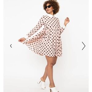 NWT Unique Vintage Pink & Black Polka Dots Peggy Babydoll Dress Size L